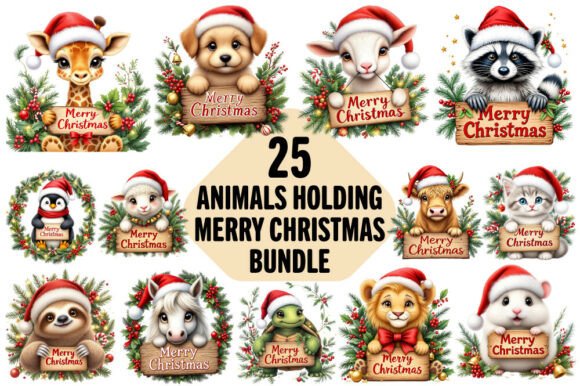 Animal Merry Christmas Sign Sublimation Illustrations