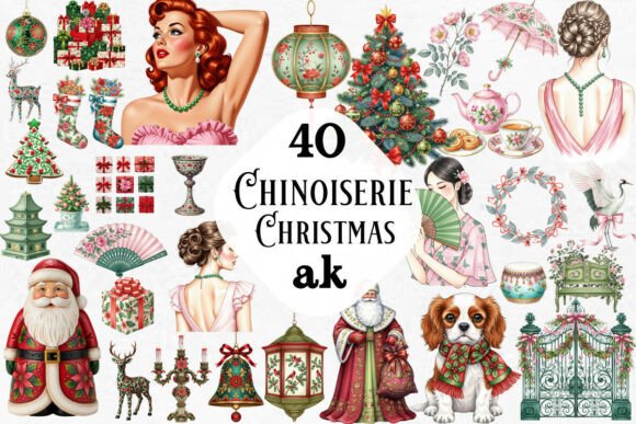 Chinoiserie Christmas Clipart Bundle: Illustrations for Crafters
