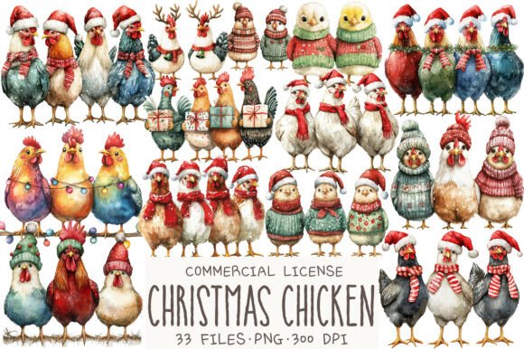 Christmas Chicken Watercolor Clipart & Illustrations