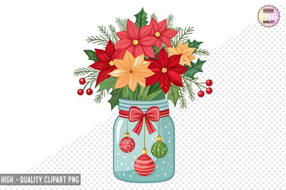Christmas Flowers in Jar Clipart: PNG Illustrations