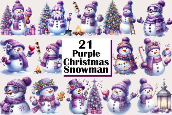 Purple Christmas Snowman Clipart for Illustrations