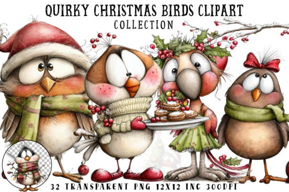 Quirky Christmas Birds Clipart for Festive Illustrations