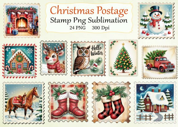 Reviewing Christmas Postage Stamp Png Sublimation Illustrations