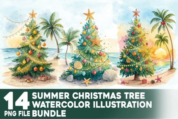 Summer Christmas Tree Watercolor Bundle Illustrations