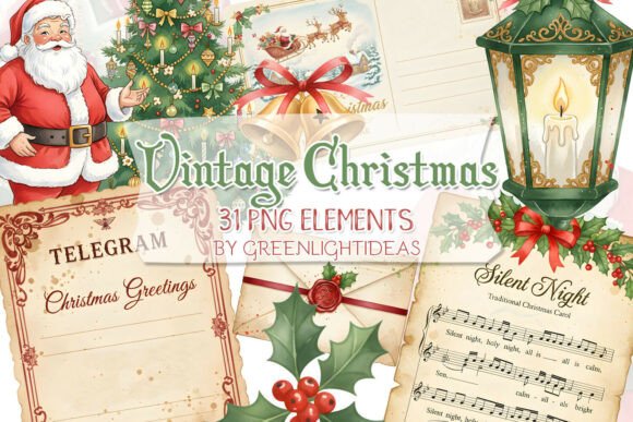 Vintage Christmas Junk Journal Ephemera: Branding Illustrations
