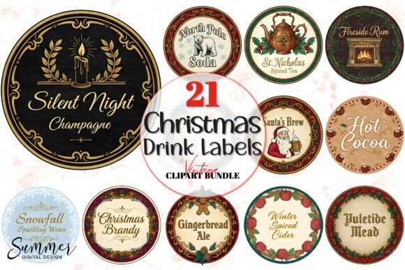 Vintage Christmas Round Drink Labels PNG Review
