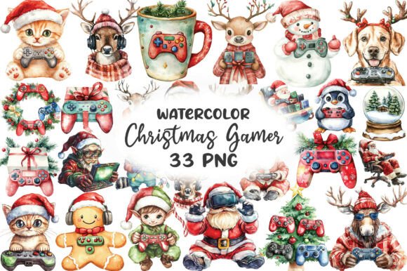 Watercolor Christmas Gamer Clipart & Illustrations